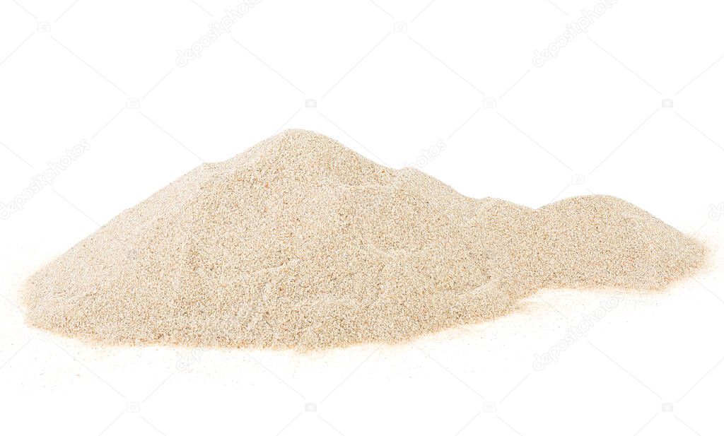 Pile of dry beach sand isolated on a white background. Desert sand dunes.