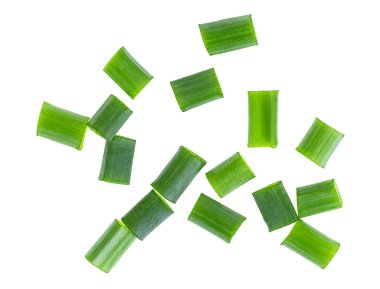 Fresh chopped green onion isolated on a white background, top view. Chives isolated, young onion, scallion.