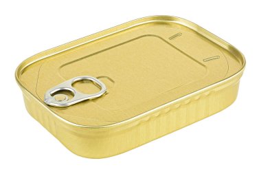 Kapalı metal teneke beyaz arka planda izole edilmiş. Metalik kutuyu koru. Boş metal kutu..