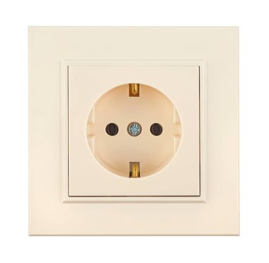 Beyaz arka planda izole edilmiş elektrikli plastik soket. Avrupa elektrik prizi. Ev kabloları. Apartman dairelerinin elektrik kaynağı.