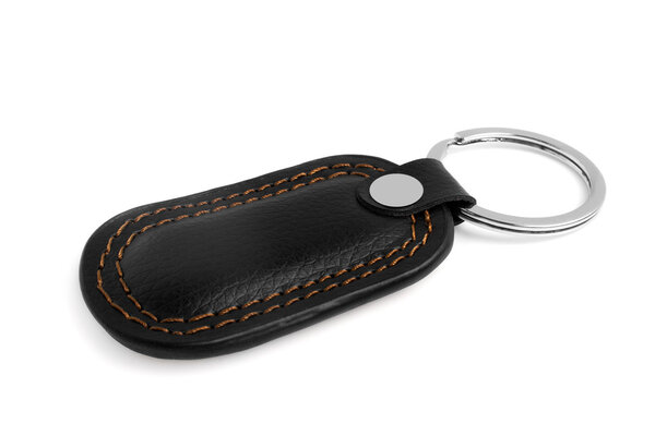 Black leather keychain isolated on white background 