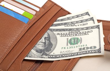 kredi kartları ve dolar w izole kahverengi deri cüzdan