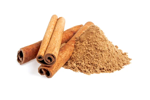 Cinnamon sticks and powder on white background — Stock Photo, Image