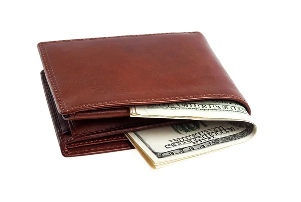 白い背景で隔離のお金と茶色の革財布 — ストック写真