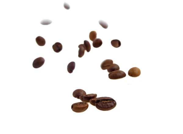 Létající kávová zrna na bílém pozadí — Stock fotografie