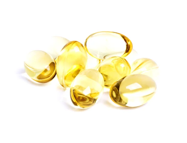 Olio di fegato di merluzzo omega 3 capsule di gel isolate su fondo bianco — Foto Stock