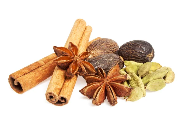 Anise, cardamom, nutmeg and cinnamon sticks on a white backgroun — Stock Photo, Image