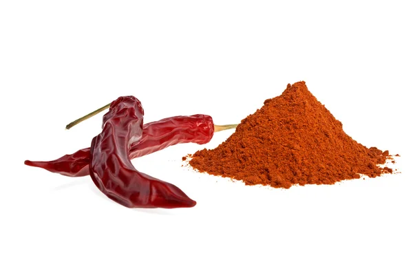 Red pepper with its powder on a white background — Stock Photo, Image