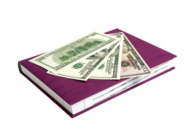 Menekşe kitap ve beyaz bir arka plan üzerinde izole dolar