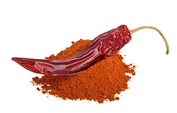 Red pepper with its powder on a white background — Stock Photo, Image