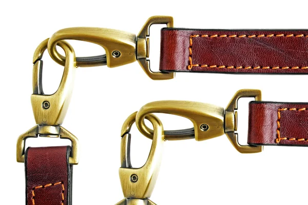 A double carabiner lock on a leather belt, isolated on a white b — Stock Photo, Image