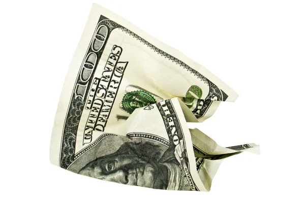 Crumpled uma nota de cem dólares no fundo branco — Fotografia de Stock