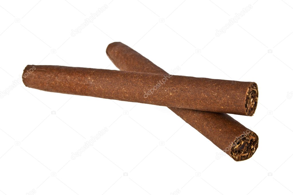 Two cigars, one on another, on white background