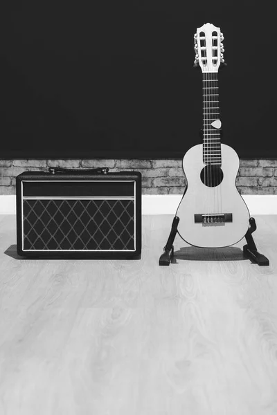 Akustik Gitar Amplifikatör Siyah Beyaz Müzik Arkaplanı — Stok fotoğraf