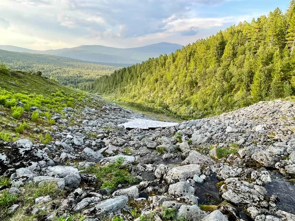 Ural Mountains near Dyatlov pass in summer in cloudy weather. Russia