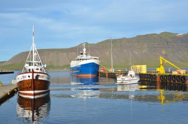 Djupivogur, İzlanda, 14 Ağustos 2014. Groundafiord kasaba limanda gemilerle Balık tutma