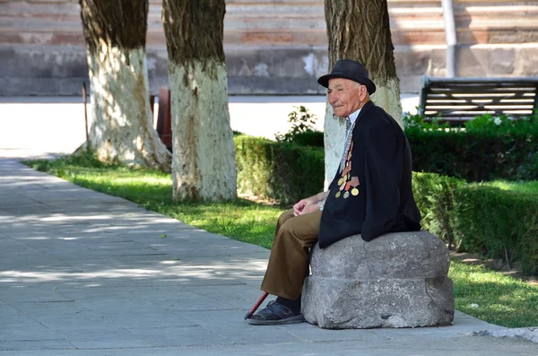 Эчмиадзин, Армения, 16 сентября 2014г. Армянская сцена: ветеран Второй мировой войны сидит в тени дерева — стоковое фото