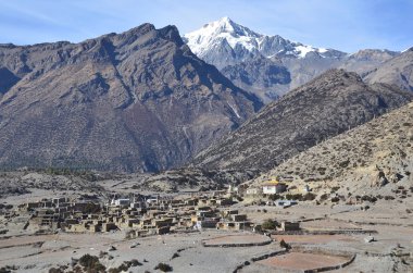Nepal, Himalayalar'da trekking. Eski köy Ngual