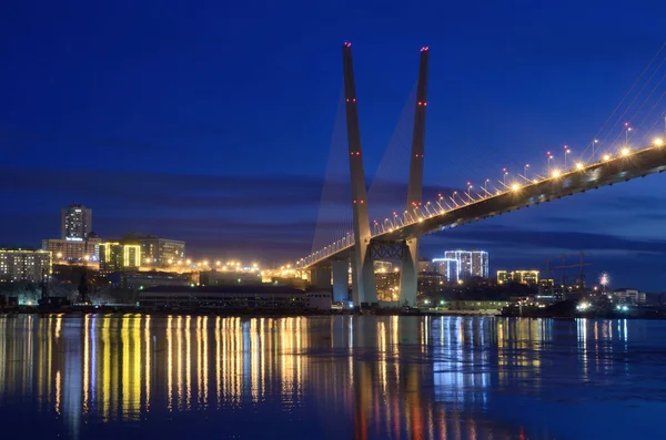 Vista noturna para a ponte através da baía de chifre dourado em Vladivostok — Fotografia de Stock