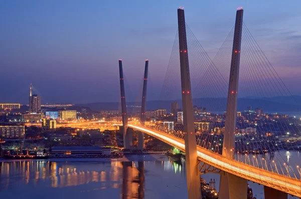 Vista nocturna del puente sobre la bahía del cuerno de oro en Vladivostok Fotos de stock