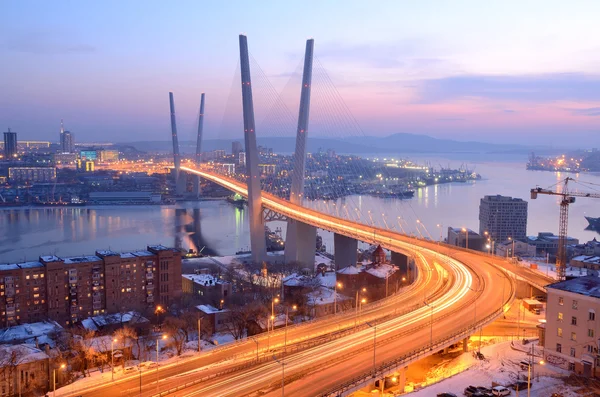 Vista para a ponte através da baía de chifre dourado em Vladivostok à noite — Fotografia de Stock