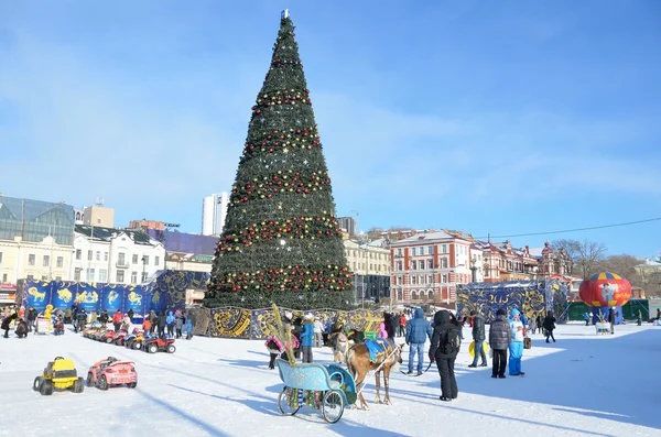 Vladivostok, Russia, 6 gennaio 2015, La gente che cammina sulla piazza dei combattenti della rivoluzione a Vladivostok in inverno — Foto Stock