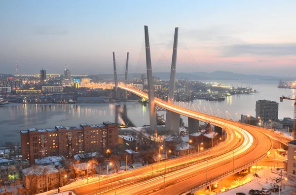 Vista notturna per il ponte sulla baia del Corno d'Oro a Vladivostok — Foto Stock