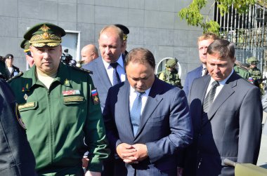 Vladivostok, Russia, October, 05, 2015. Surovikin Sergey Vladimirovich, the commander of Eastern military district and mayor of Vladivostok Pushkarev Igor Sergeyevich on the bottom of the Innovation