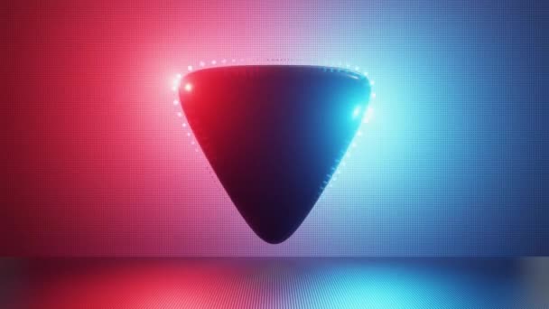 Μπλε και κόκκινο νέον μπάλες κινούνται γύρω από το μαύρο στρογγυλό τρίγωνο. Αφηρημένο φουτουριστικό φόντο κίνησης ενός τριγώνου νέον. 4K 3D βρόχο υψηλής τεχνολογίας animation. Αρχική ποιότητα σε 4K — Αρχείο Βίντεο