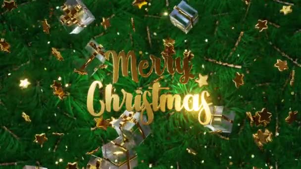 2021年新年和圣诞节 流动金字梅里 克里斯特玛斯背景下的绿色圣诞树分枝与金冠 礼品盒 3D循环动画 — 图库视频影像