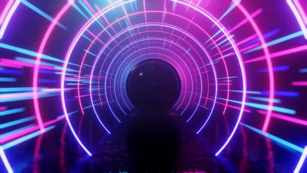 Abstrakter Neon-Hintergrund mit Defokus an den Rändern. Neonkreise und -linien bewegen sich im Raum. Nachdenken. Futuristischer Hintergrund. Neon Verkehr. 4K 3D-Schleifenanimation — Stockvideo