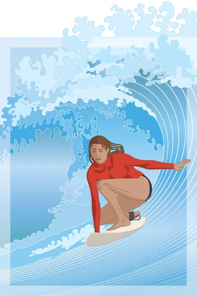 Vrouwelijke Surfer Rijden Golf Surfplank Met Buis Golf Water Achtergrond — Stockvector