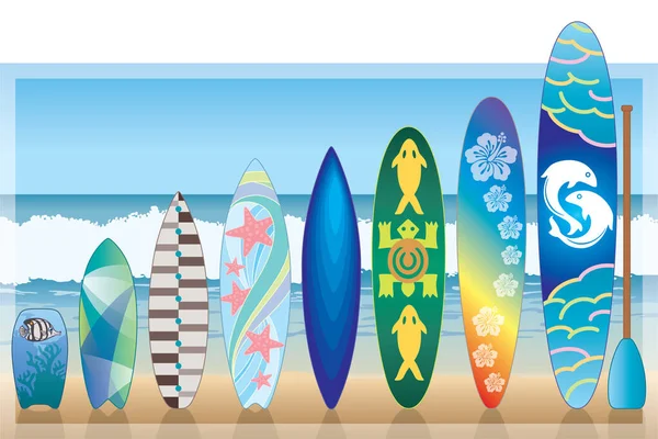 各种各样的冲浪板矗立在海滩上 背景上有天空 大海和波浪 — 图库矢量图片