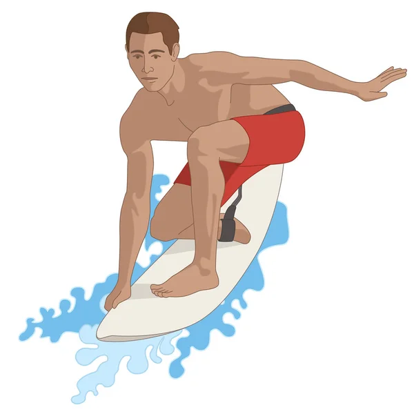 Surfista Masculino Balanceamento Prancha Surf Shorts Bordo Vermelho Isolado Fundo —  Vetores de Stock