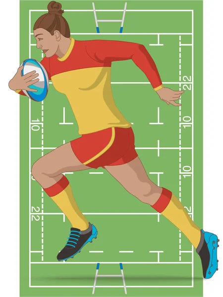 Rugby Sport League Jugador Unión Hembra Corriendo Con Pelota Con — Vector de stock