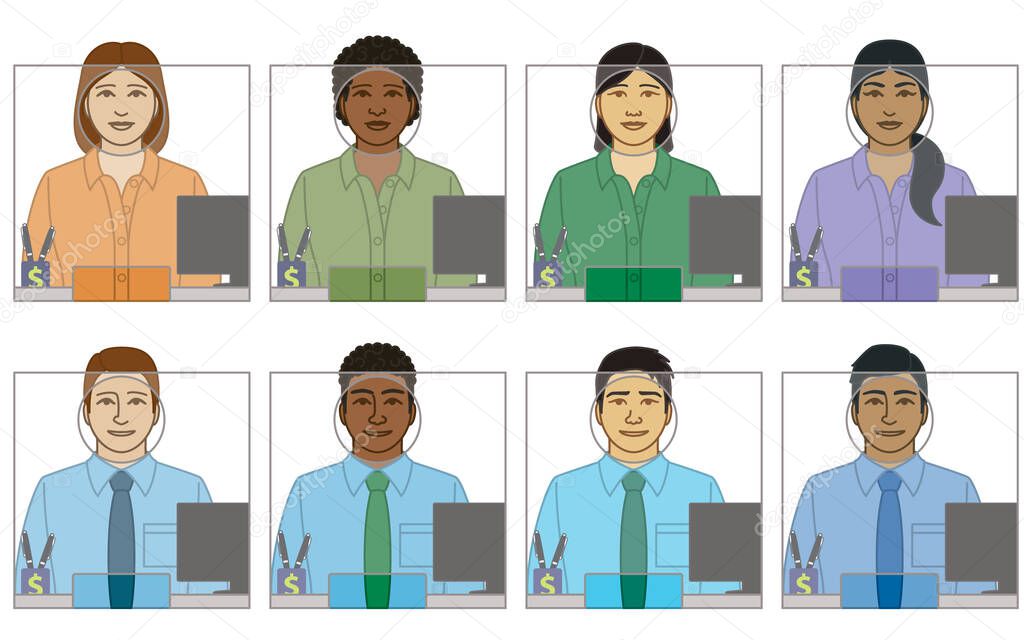 diversity, race, ethnicity of business  bank teller or clerk vector icons, male and female, behind glass, with monitor and pens, isolated on a white background