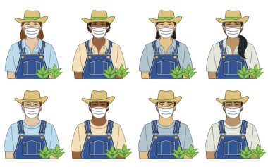 2019 yapımı Coronavirus, COVID-19 için koruyucu tıbbi maske takan çiftçi, kadın ve erkek türlerinin çeşitliliği, çeşitliliği beyaz arka planda izole edilmiştir.