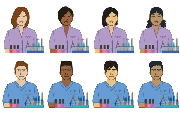 Różnorodność Rasa Pochodzenie Etniczne Manikiurzystów Ikony Wektorowe Pedikiurzystów Mężczyźni Kobiety — Wektor stockowy