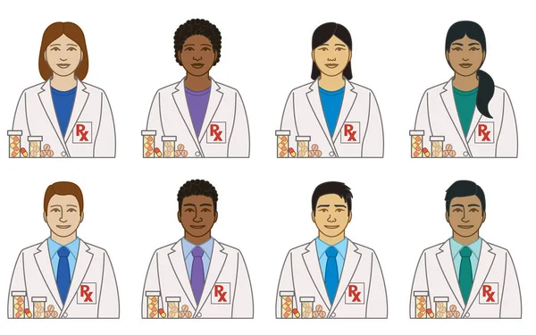 Diversidad Raza Origen Étnico Los Iconos Vectoriales Farmacéuticos Hombres Mujeres — Archivo Imágenes Vectoriales