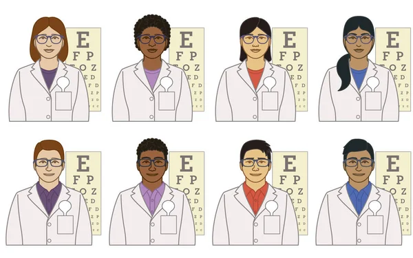 Diversidad Raza Origen Étnico Los Iconos Vectoriales Optometristas Masculinos Femeninos — Archivo Imágenes Vectoriales