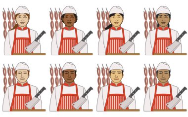 Kasap vektör ikonlarının çeşitliliği, ırkı, etnik kökeni, erkek ve dişi, sosis halkaları ve satırı olan, beyaz bir arka planda izole edilmiş.