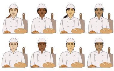 çeşitlilik, ırk, fırıncı vektör ikonlarının etnik kökeni, erkek ve kadın, ekmek ve kurabiyelerle donatılmış, beyaz arka planda izole edilmiş