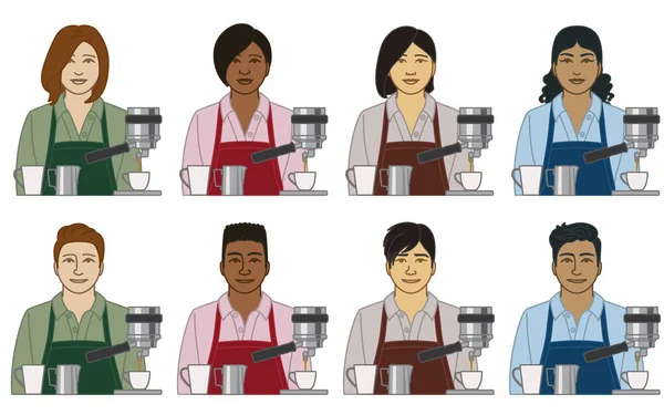 Diversidad Raza Etnia Los Iconos Del Vector Del Servidor Barista — Archivo Imágenes Vectoriales