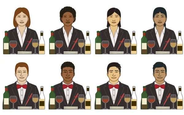 Şarap Garsonu Şarap Garsonu Vektör Ikonlarının Çeşitliliği Irkı Irkı Irkı — Stok Vektör