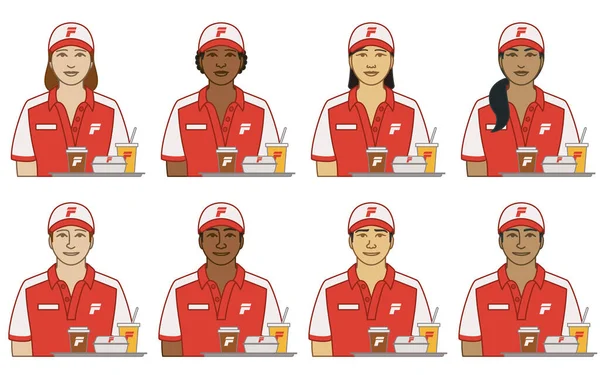 Diversiteit Ras Etniciteit Van Fast Food Server Vector Iconen Mannelijk — Stockvector