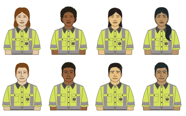具有多样性 种族和族裔特征的半医学病媒图标 男性和女性 身着制服 与白人背景隔离 — 图库矢量图片