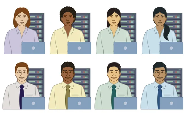 다양성 서비스의 민족성 컴퓨터 프로그램 관리자 아이콘은 남성과 여성으로 서버와 — 스톡 벡터