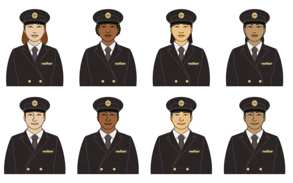 多様性 航空会社のパイロットの民族性 船長のアイコン男性と女性 スーツ ネクタイ キャップを身に着けて 白い背景に隔離された — ストックベクタ