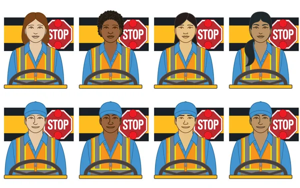 Diversity Race Ethnicity School Bus Driver Vector Icons Male Female — Stock Vector