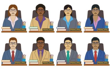 diversity, race, ethnicity of school principal vector icons, male and female, with stack of books on desk, isolated on a white background clipart